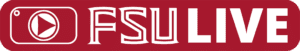 FSU Live logo. White text on vault garnet background. Includes a small camera/phone/screen glyph with a triangular play icon.